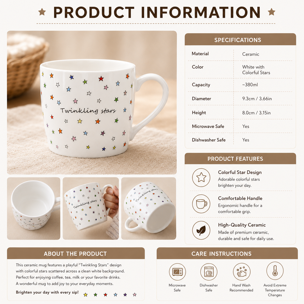 Twinkling Stars Ceramic Mug – Colorful Star Design Coffee Cup | 380ml Cute Tea Mug for Home, Office & Everyday Drink