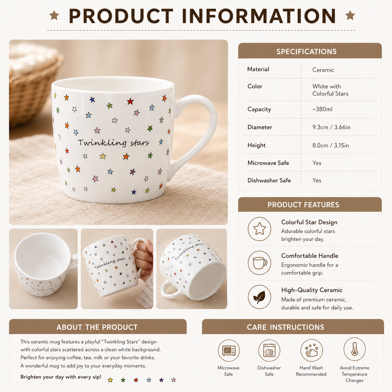 Twinkling Stars Ceramic Mug – Colorful Star Design Coffee Cup | 380ml Cute Tea Mug for Home, Office & Everyday Drink