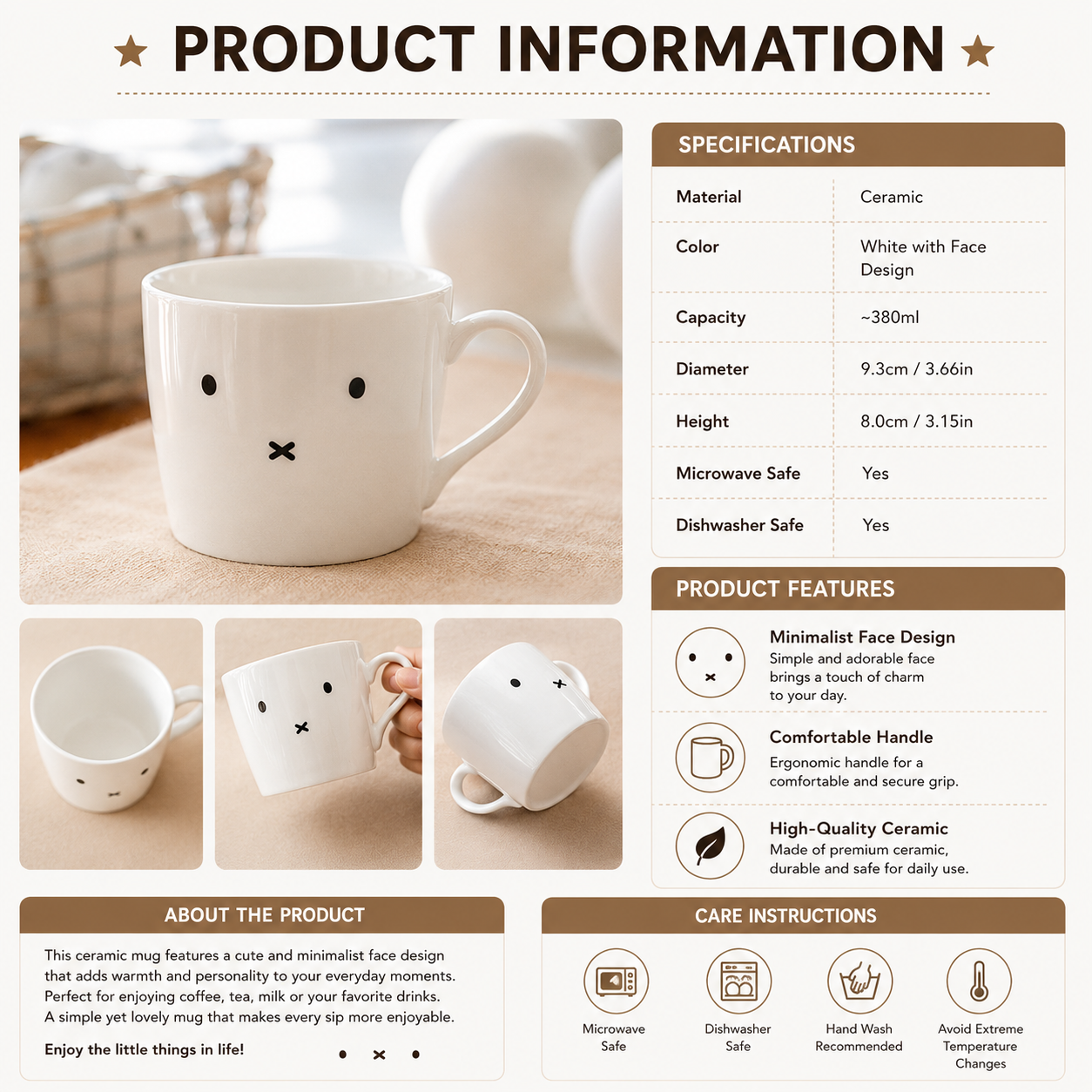 Minimalist Face Ceramic Mug – Cute 380ml Coffee Cup | White Funny Tea Mug with Simple Design for Home, Office & Everyday Drinks