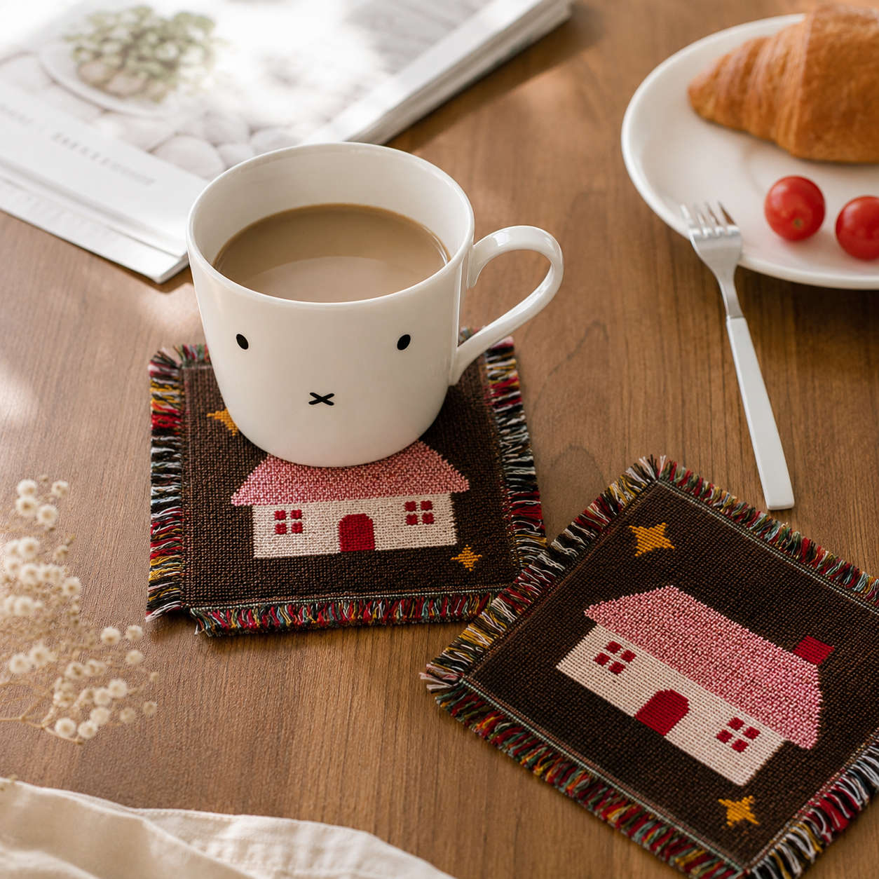 Handmade Woven House Coaster – Cute Cottage Design Fringe Drink Mat | Cotton Blend Table Decor for Coffee Bar, Kitchen & Home