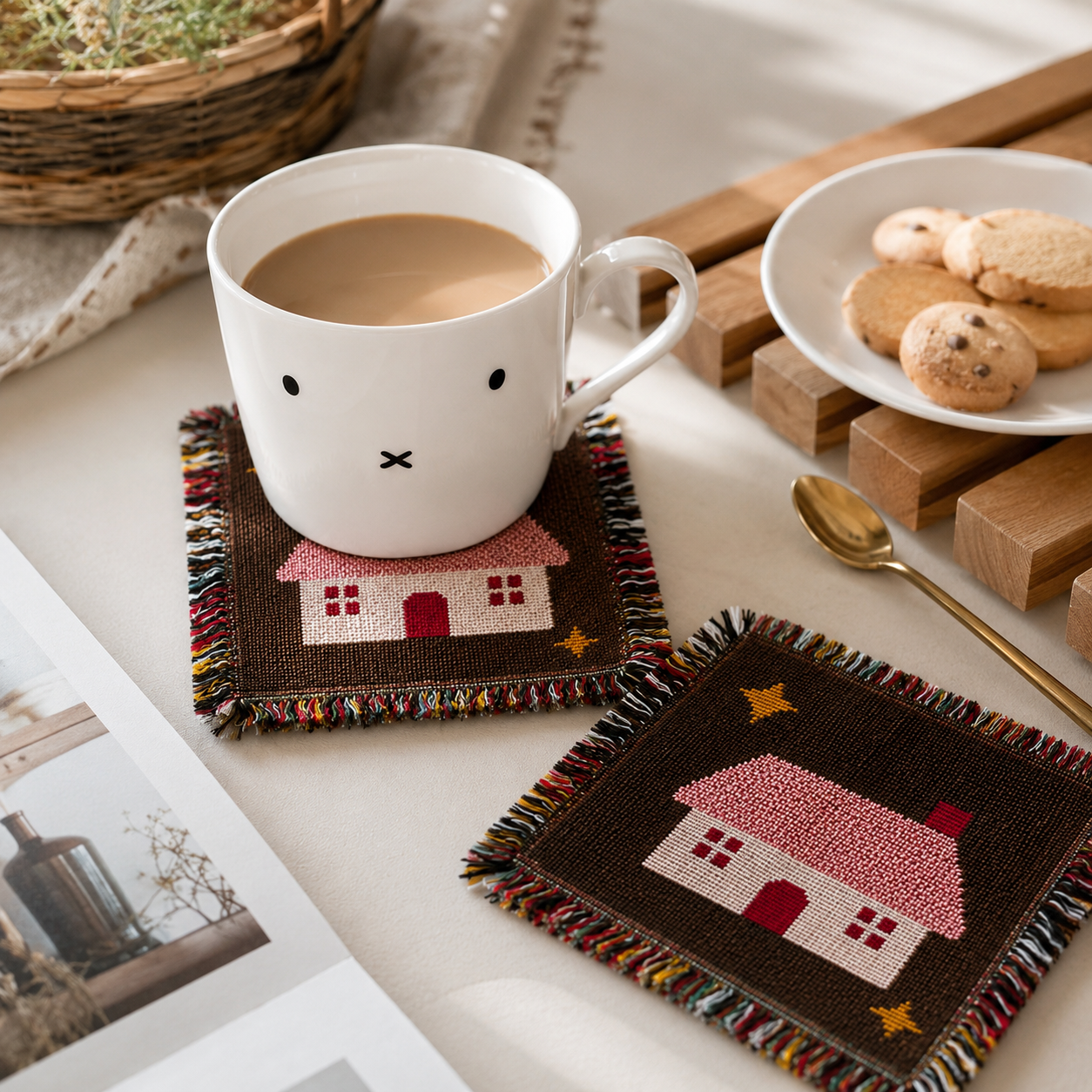 Handmade Woven House Coaster – Cute Cottage Design Fringe Drink Mat | Cotton Blend Table Decor for Coffee Bar, Kitchen & Home