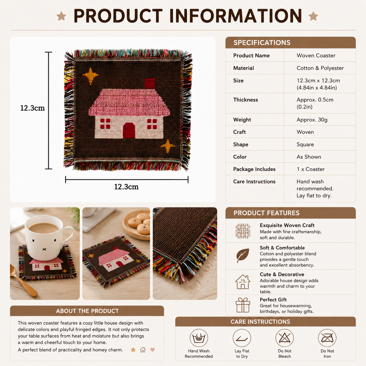 Handmade Woven House Coaster – Cute Cottage Design Fringe Drink Mat | Cotton Blend Table Decor for Coffee Bar, Kitchen & Home