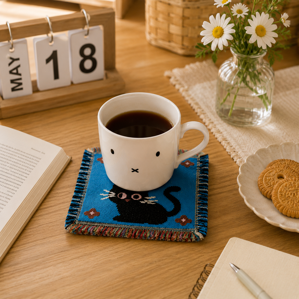 Black Cat Woven Coaster – Cute Blue Fringe Drink Mat | Handmade Cotton Blend Table Decor for Coffee Bar, Kitchen & Cat Lovers