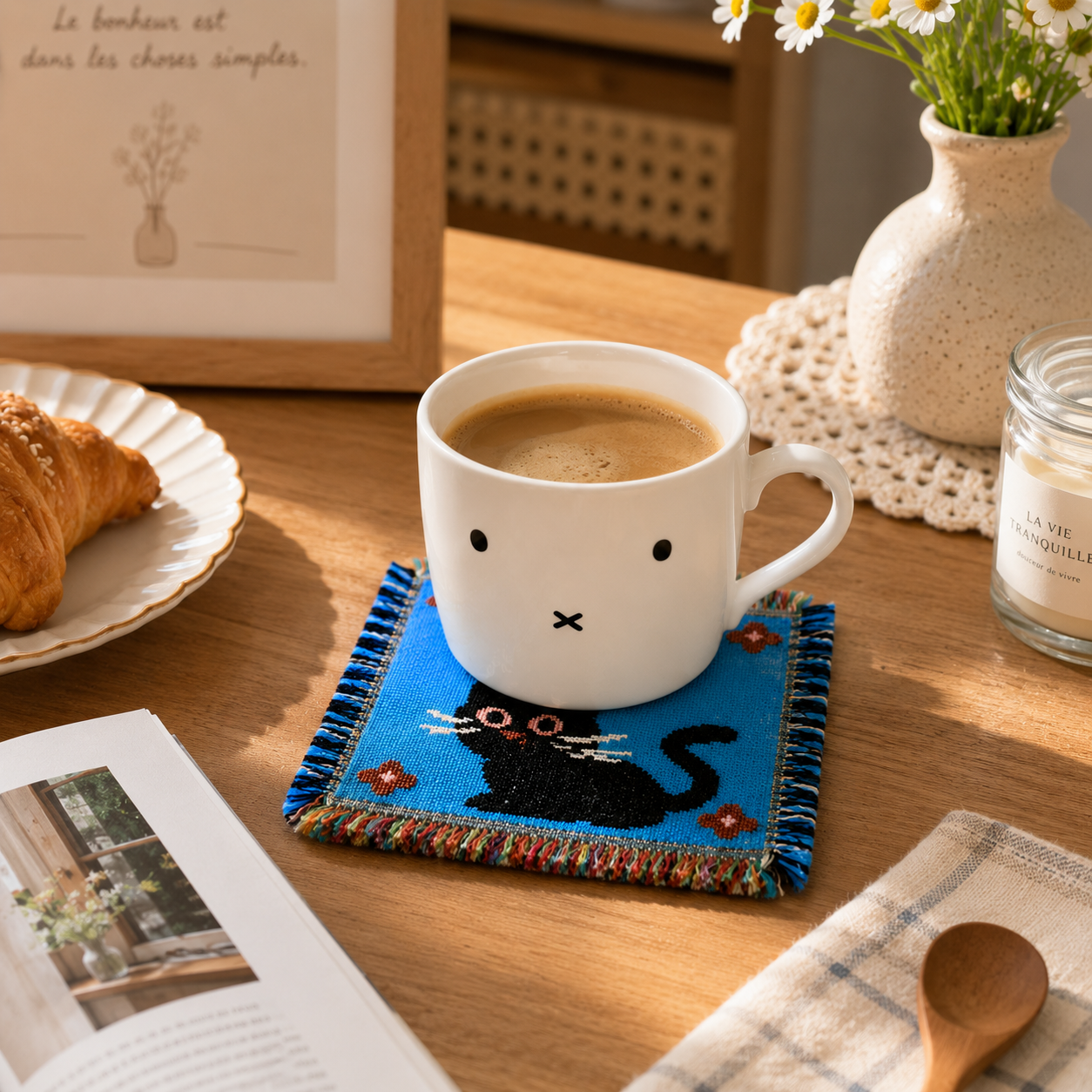 Black Cat Woven Coaster – Cute Blue Fringe Drink Mat | Handmade Cotton Blend Table Decor for Coffee Bar, Kitchen & Cat Lovers