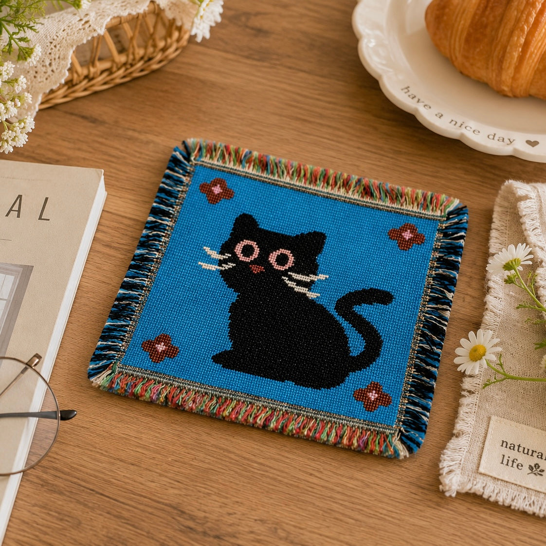 Black Cat Woven Coaster – Cute Blue Fringe Drink Mat | Handmade Cotton Blend Table Decor for Coffee Bar, Kitchen & Cat Lovers