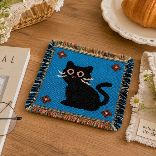 Black Cat Woven Coaster – Cute Blue Fringe Drink Mat | Handmade Cotton Blend Table Decor for Coffee Bar, Kitchen & Cat Lovers