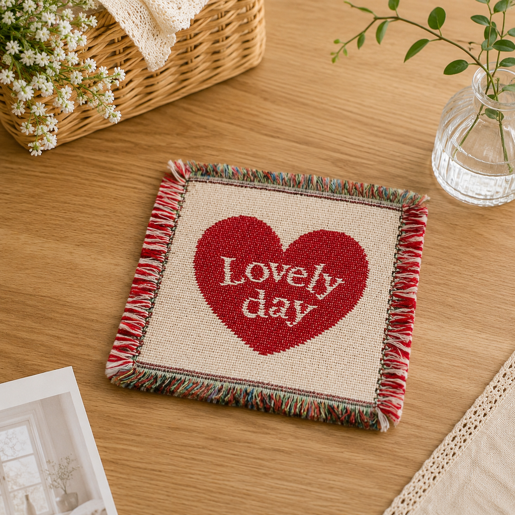 Handmade Heart Woven Coaster – Lovely Day Fringe Drink Mat | Cotton Blend Table Decor for Coffee Bar, Kitchen & Home Gift