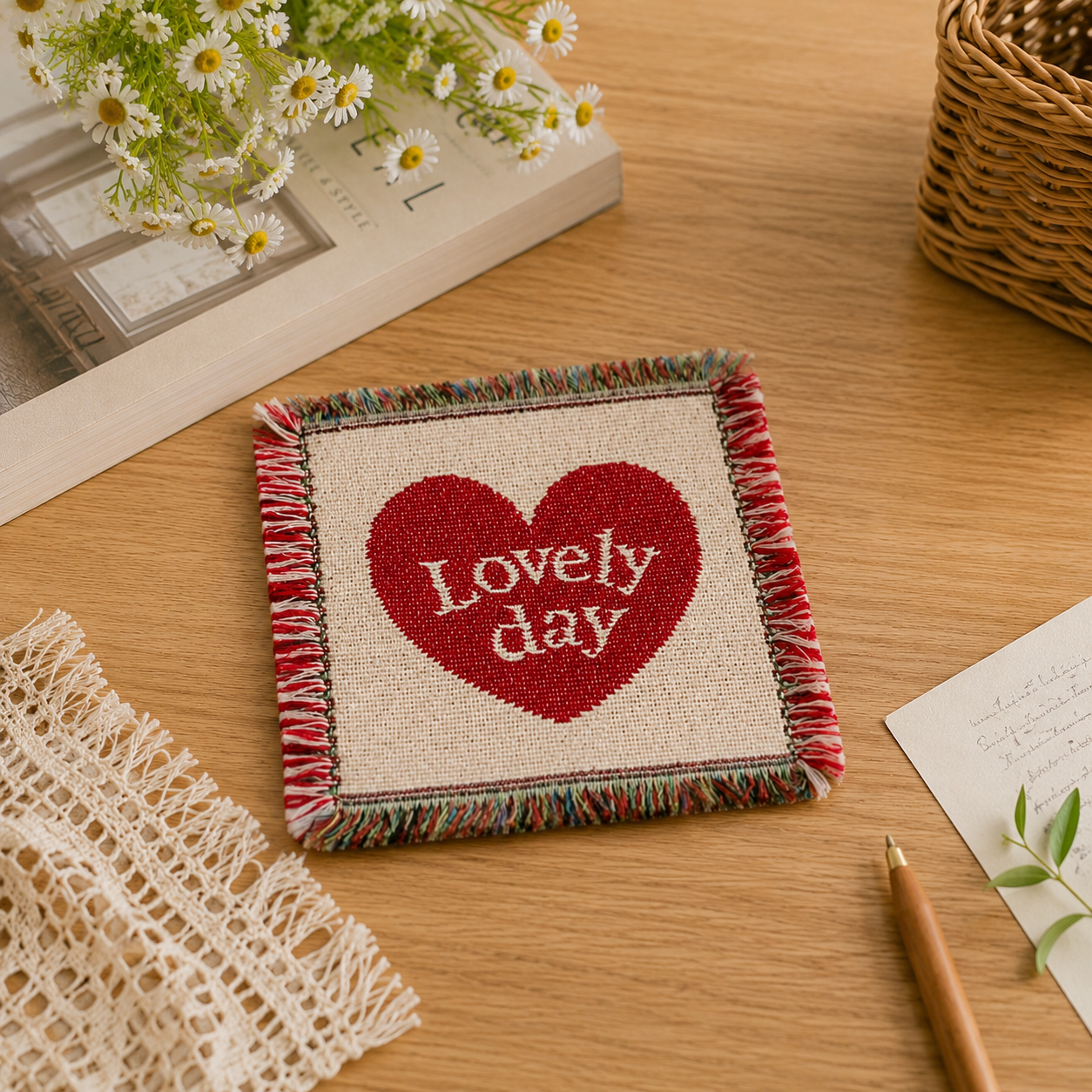 Handmade Heart Woven Coaster – Lovely Day Fringe Drink Mat | Cotton Blend Table Decor for Coffee Bar, Kitchen & Home Gift