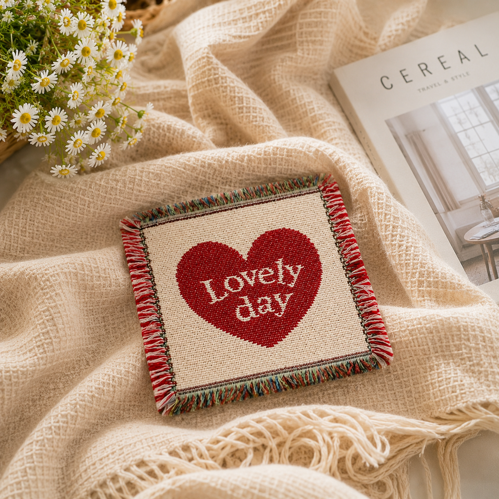 Handmade Heart Woven Coaster – Lovely Day Fringe Drink Mat | Cotton Blend Table Decor for Coffee Bar, Kitchen & Home Gift