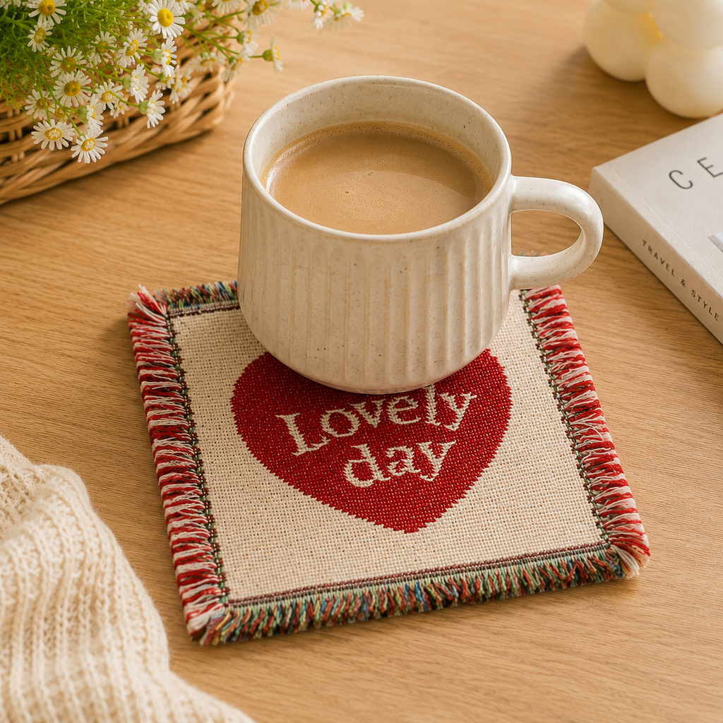 Handmade Heart Woven Coaster – Lovely Day Fringe Drink Mat | Cotton Blend Table Decor for Coffee Bar, Kitchen & Home Gift