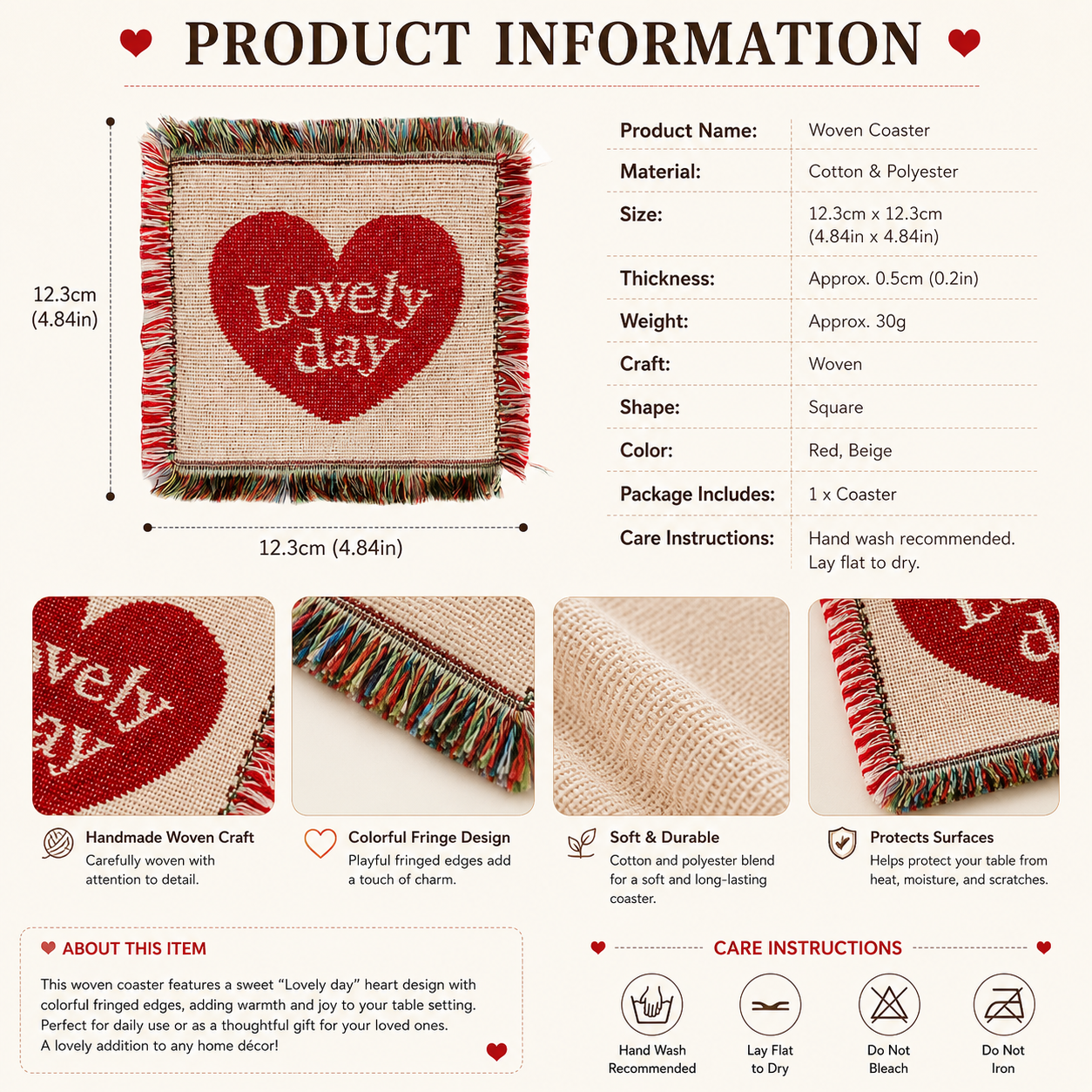 Handmade Heart Woven Coaster – Lovely Day Fringe Drink Mat | Cotton Blend Table Decor for Coffee Bar, Kitchen & Home Gift