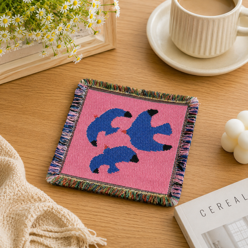 Blue Bird Woven Coaster – Pink Fringe Drink Mat | Handmade Cotton Blend Table Decor for Coffee Bar, Kitchen & Cozy Home