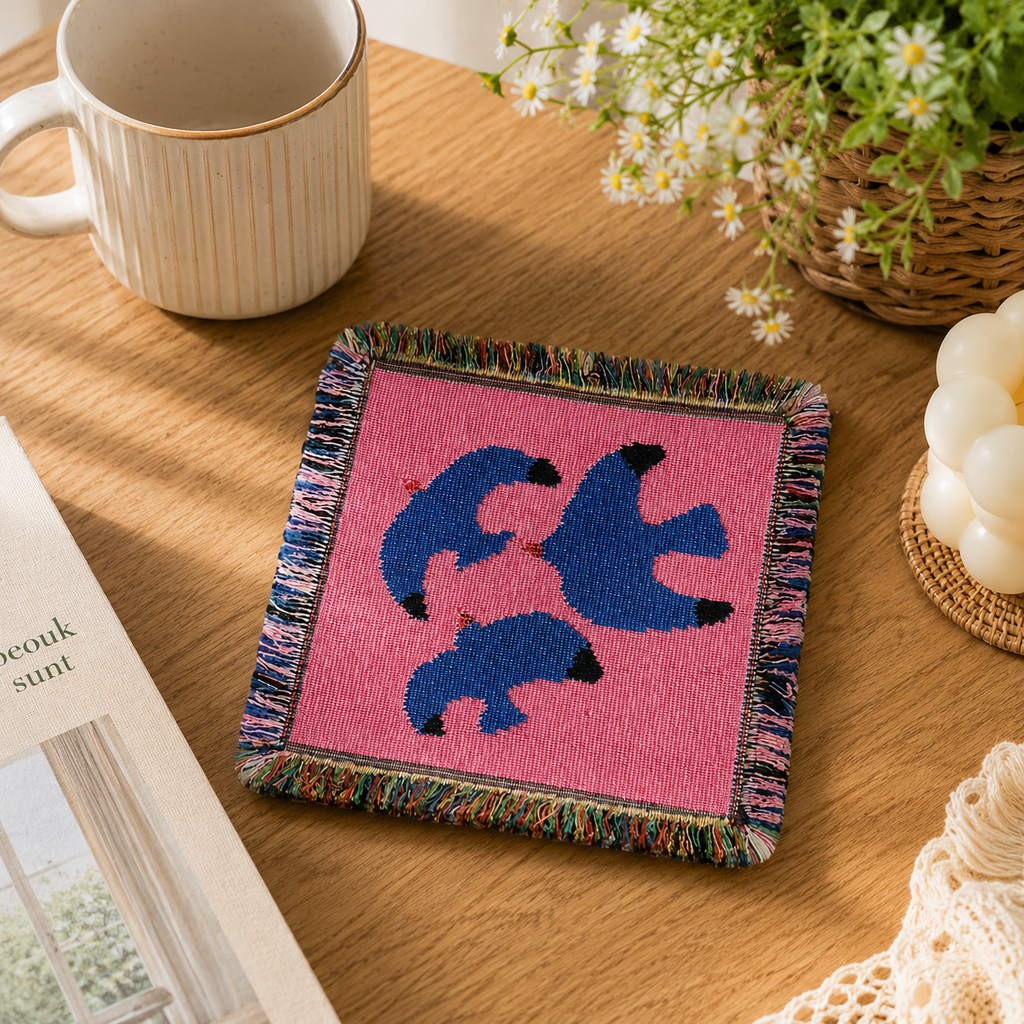 Blue Bird Woven Coaster – Pink Fringe Drink Mat | Handmade Cotton Blend Table Decor for Coffee Bar, Kitchen & Cozy Home