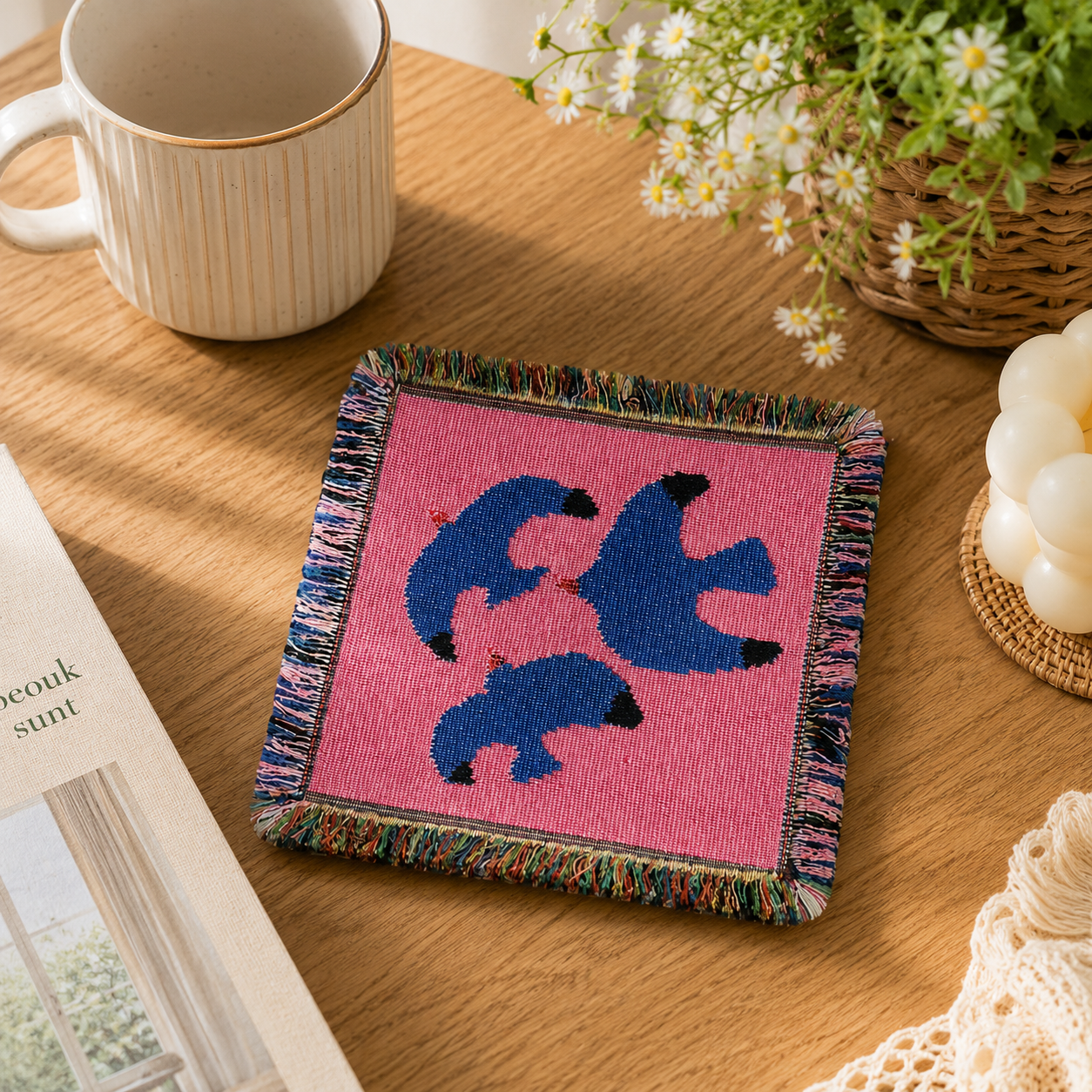 Blue Bird Woven Coaster – Pink Fringe Drink Mat | Handmade Cotton Blend Table Decor for Coffee Bar, Kitchen & Cozy Home