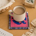 Blue Bird Woven Coaster – Pink Fringe Drink Mat | Handmade Cotton Blend Table Decor for Coffee Bar, Kitchen & Cozy Home