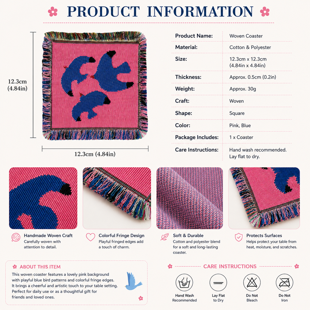 Blue Bird Woven Coaster – Pink Fringe Drink Mat | Handmade Cotton Blend Table Decor for Coffee Bar, Kitchen & Cozy Home