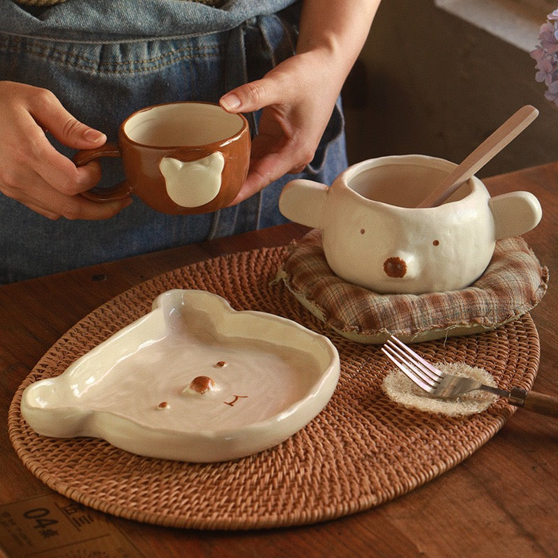 Cute Bear Ceramic Bowl &amp; Plate Set – Adorable Animal Tableware | Handmade Style Dinnerware for Snacks, Desserts &amp; Home Kitchen