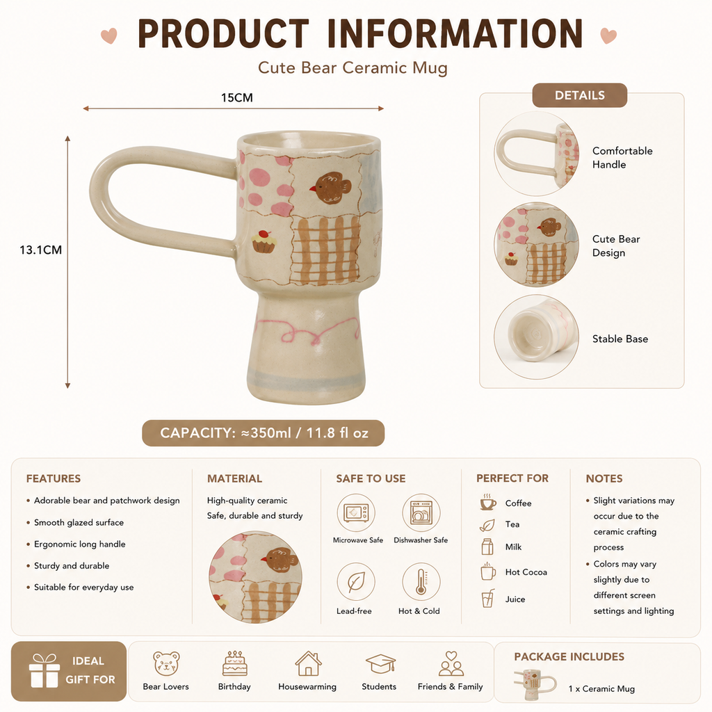 Cute Bear Ceramic Mug – 350ml Handmade Style Coffee Cup | Adorable Animal Tea Mug with Cozy Design for Home & Gift