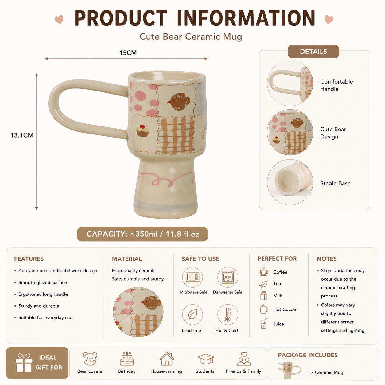 Cute Bear Ceramic Mug – 350ml Handmade Style Coffee Cup | Adorable Animal Tea Mug with Cozy Design for Home & Gift