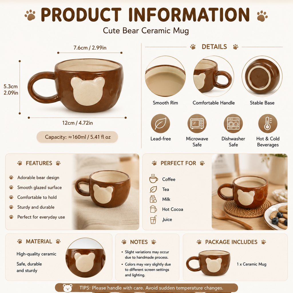 Cute Bear Ceramic Mug – 160ml Animal Coffee Cup | Brown Bear Tea Mug with Minimalist Design for Cozy Home & Gift
