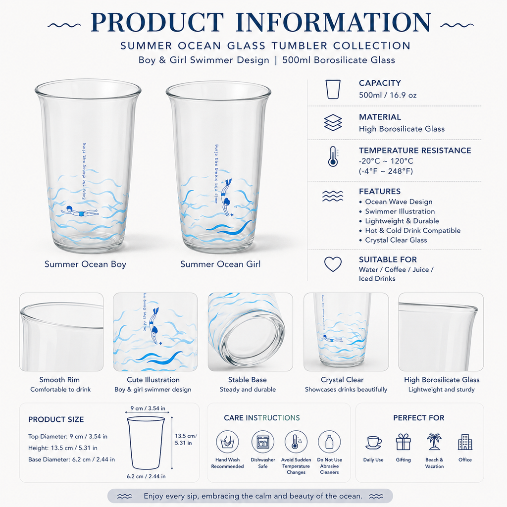 Summer Ocean Glass Tumbler – 500ml Borosilicate Drinking Glass | Swimmer Wave Design Cup for Water, Coffee & Iced Drinks