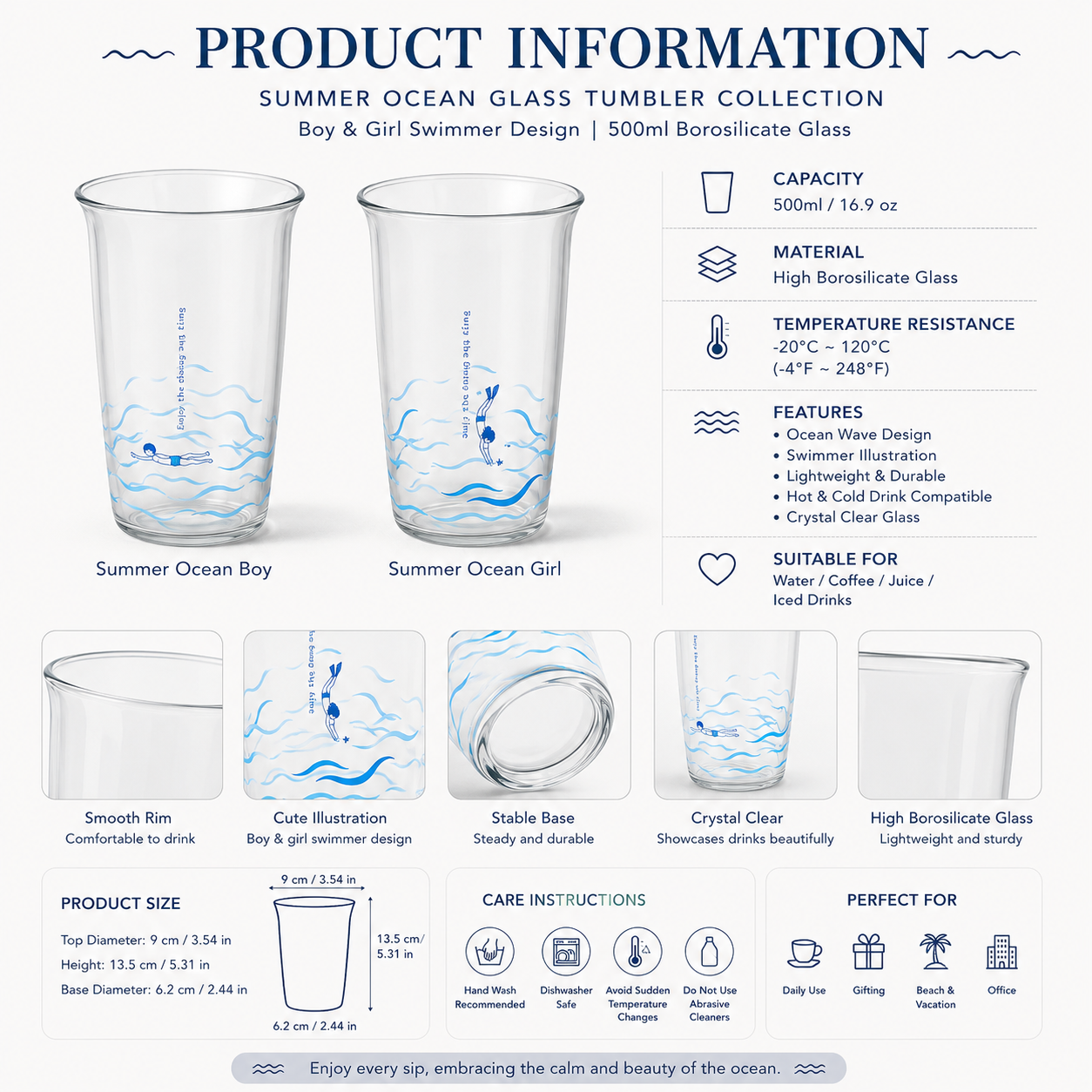 Summer Ocean Glass Tumbler – 500ml Borosilicate Drinking Glass | Swimmer Wave Design Cup for Water, Coffee & Iced Drinks
