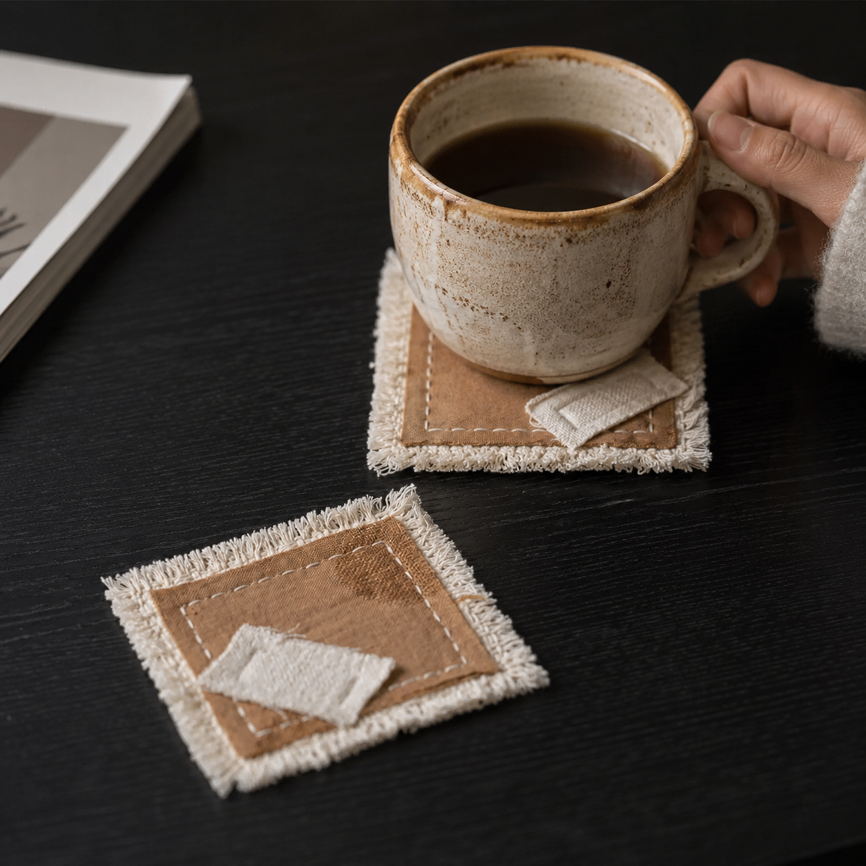 Handmade Fabric Woven Coaster – Rustic Fringe Drink Mat | Cotton Blend Table Decor for Coffee Bar, Kitchen & Cozy Home
