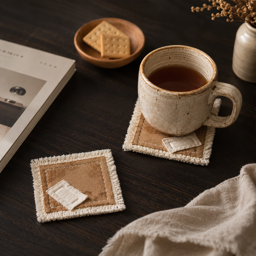 Handmade Fabric Woven Coaster – Rustic Fringe Drink Mat | Cotton Blend Table Decor for Coffee Bar, Kitchen & Cozy Home