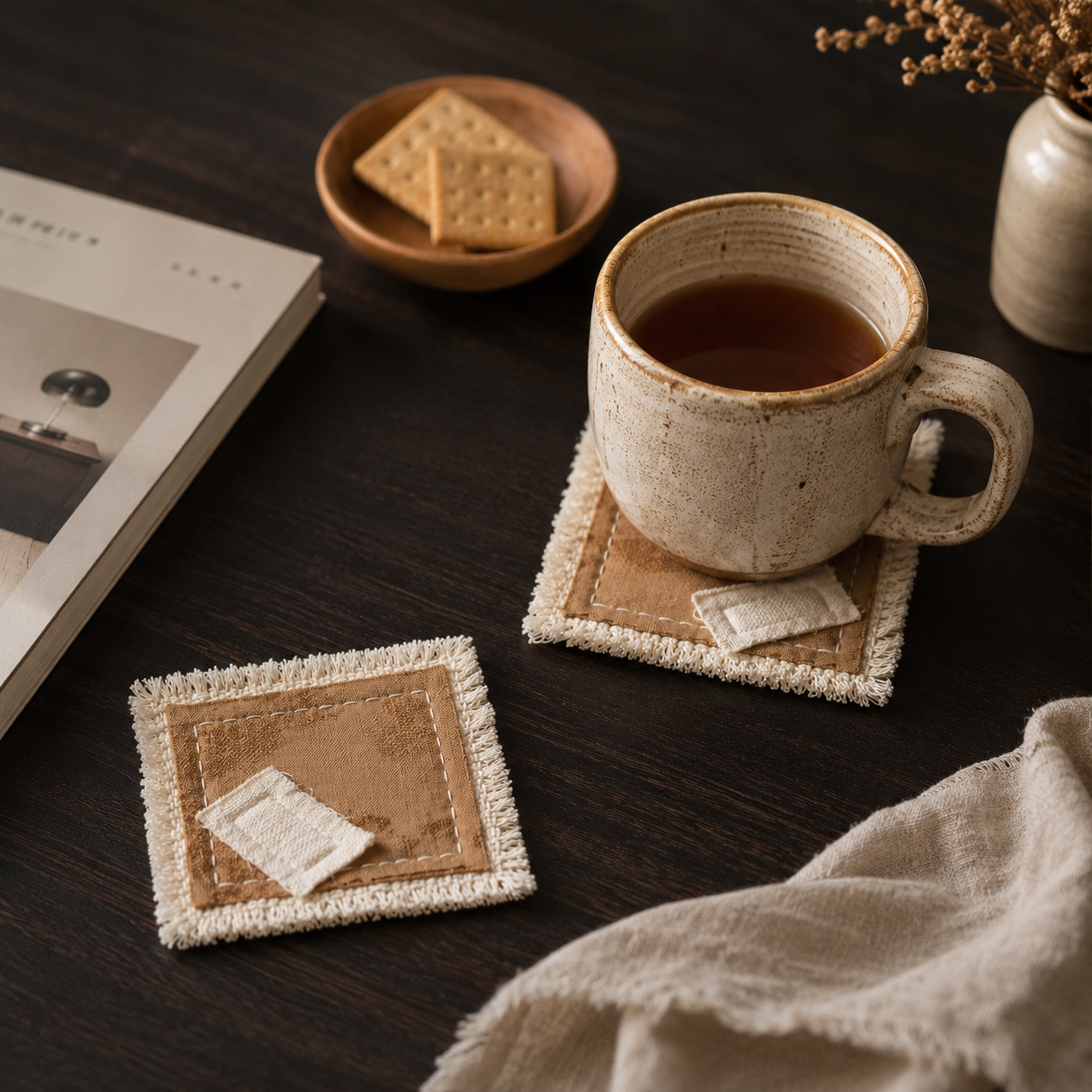 Handmade Fabric Woven Coaster – Rustic Fringe Drink Mat | Cotton Blend Table Decor for Coffee Bar, Kitchen & Cozy Home