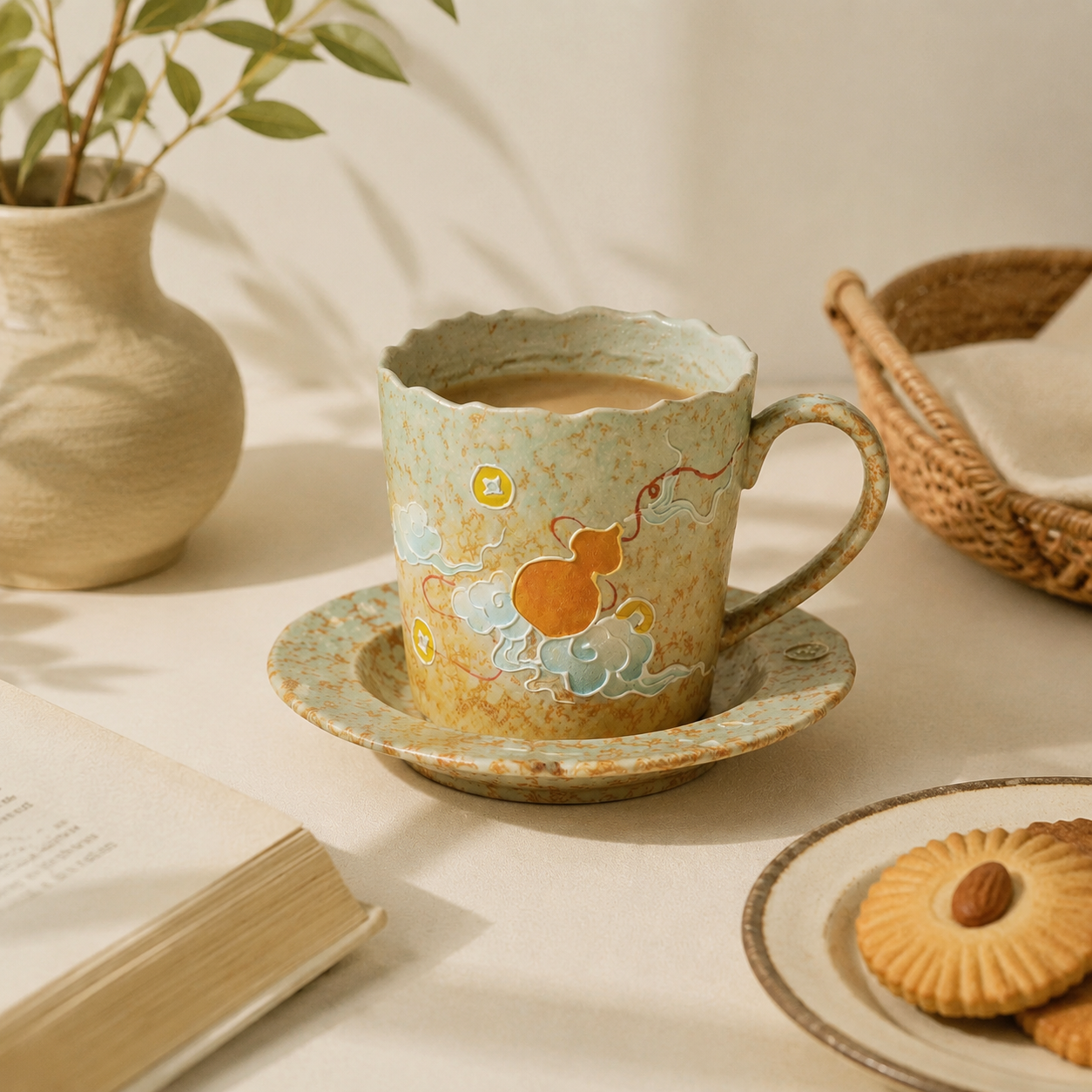 Handmade Ceramic Coffee Cup & Saucer Set – Vintage Tea Cup with Floral Pattern | 150ml Pottery Drinkware Gift for Home & Coffee Lovers