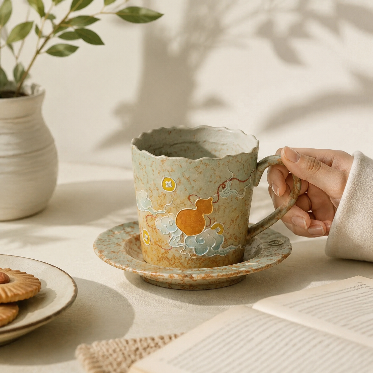 Handmade Ceramic Coffee Cup & Saucer Set – Vintage Tea Cup with Floral Pattern | 150ml Pottery Drinkware Gift for Home & Coffee Lovers