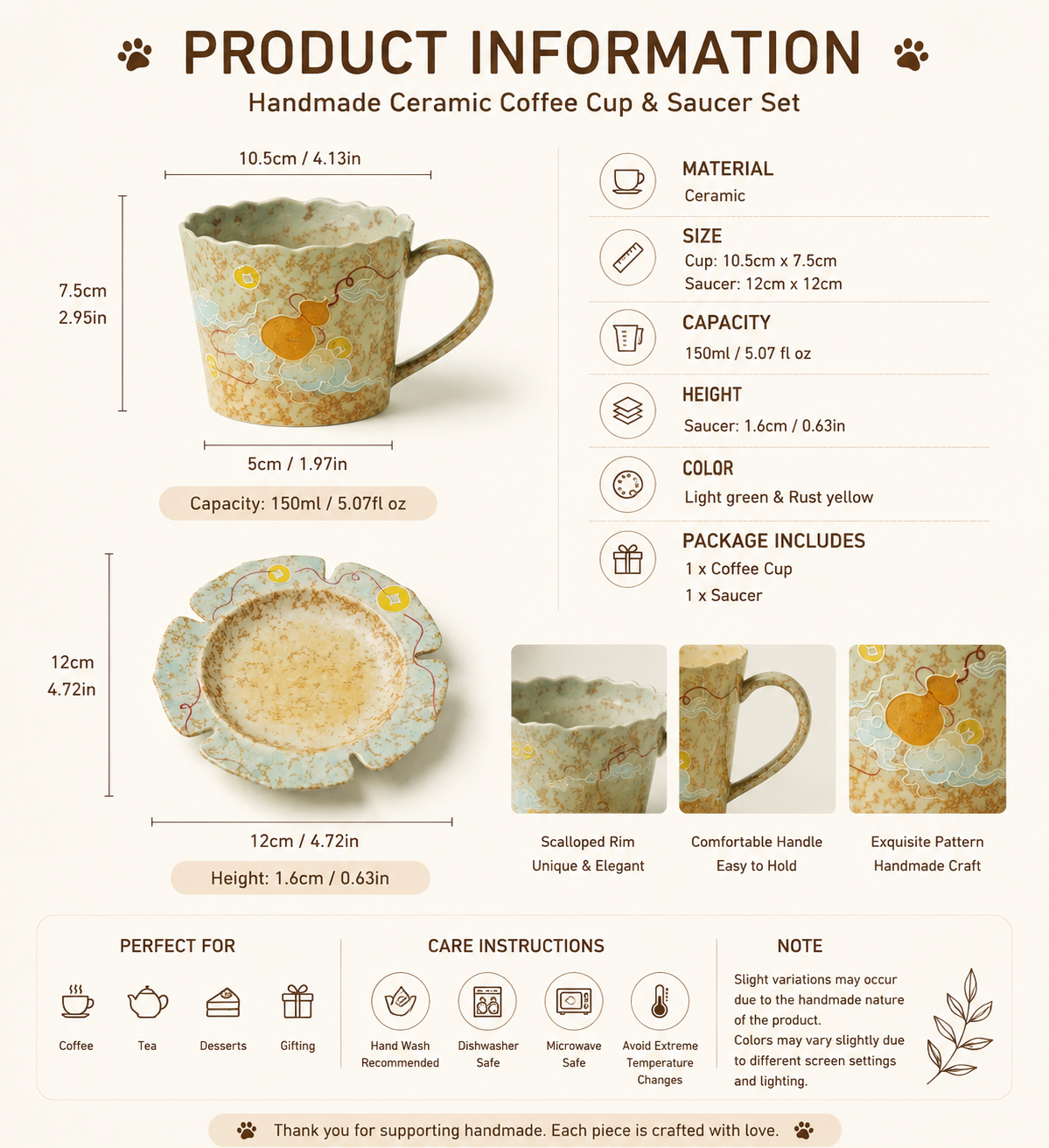 Handmade Ceramic Coffee Cup & Saucer Set – Vintage Tea Cup with Floral Pattern | 150ml Pottery Drinkware Gift for Home & Coffee Lovers