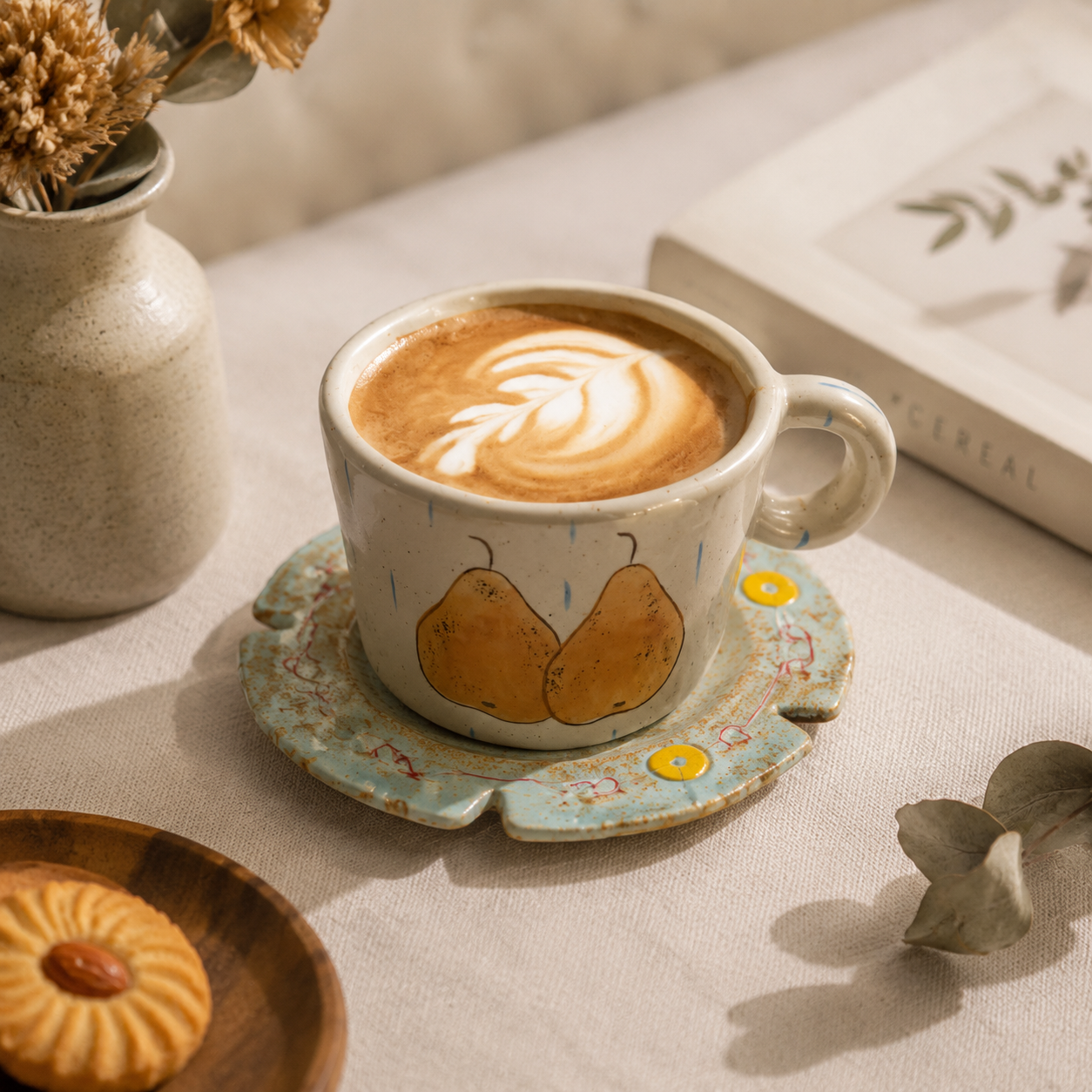 Hand Painted Ceramic Apple & Pear Mug Set – 280ml Handmade Rustic Coffee & Tea Cups | Vintage Style Ceramic Drinkware Gift for Home & Coffee Lovers