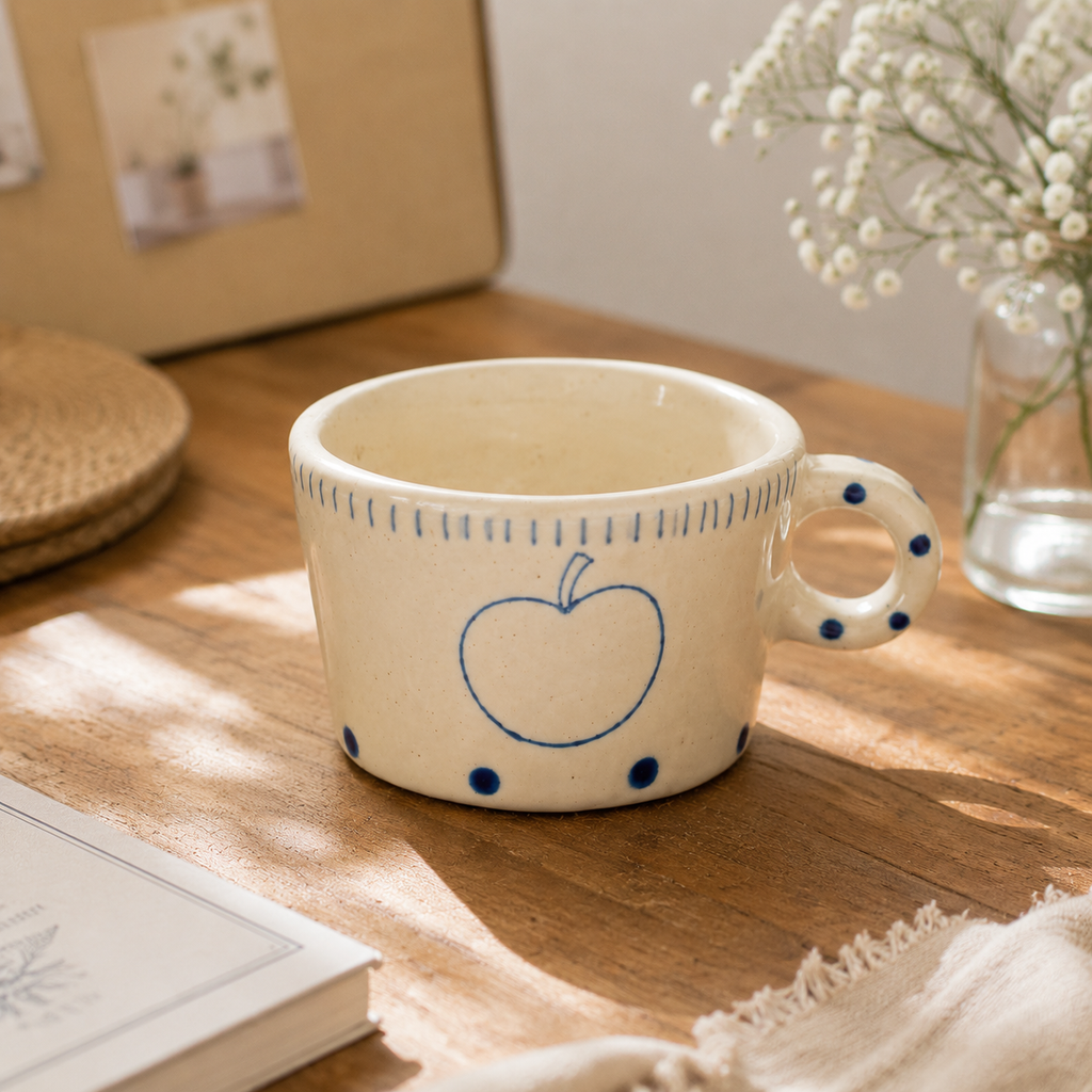 Hand Painted Ceramic Apple & Pear Mug Set – 280ml Handmade Coffee Cup | Rustic Fruit Design Tea Mug for Home & Gift
