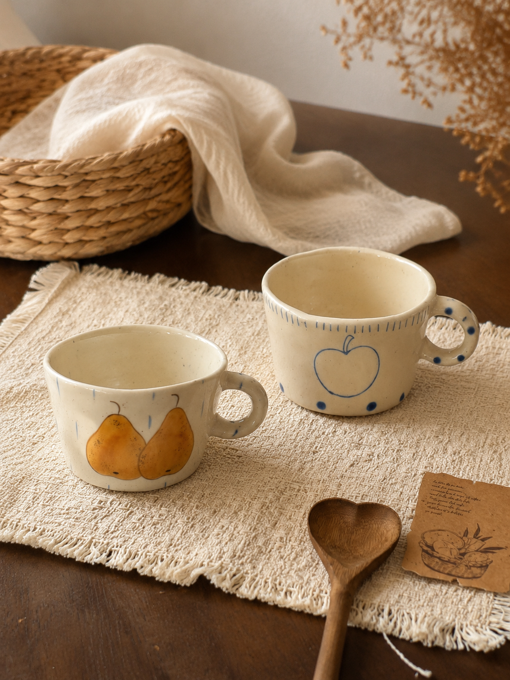 Hand Painted Ceramic Apple & Pear Mug Set – 280ml Handmade Rustic Coffee & Tea Cups | Vintage Style Ceramic Drinkware Gift for Home & Coffee Lovers