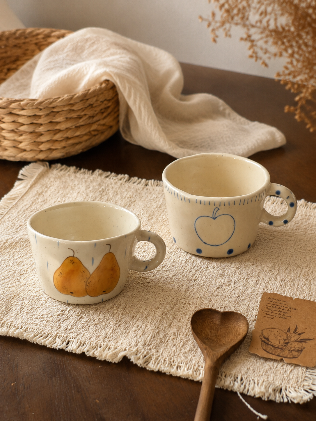 Hand Painted Ceramic Apple & Pear Mug Set – 280ml Handmade Coffee Cup | Rustic Fruit Design Tea Mug for Home & Gift