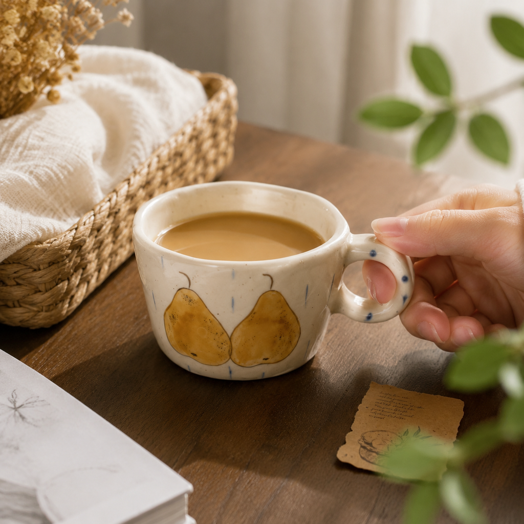 Hand Painted Ceramic Apple & Pear Mug Set – 280ml Handmade Coffee Cup | Rustic Fruit Design Tea Mug for Home & Gift