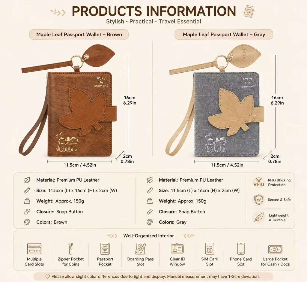 Maple Leaf Passport Wallet, RFID Blocking Travel Passport Holder, PU Leather Passport Cover with Card Slots & Wrist Strap