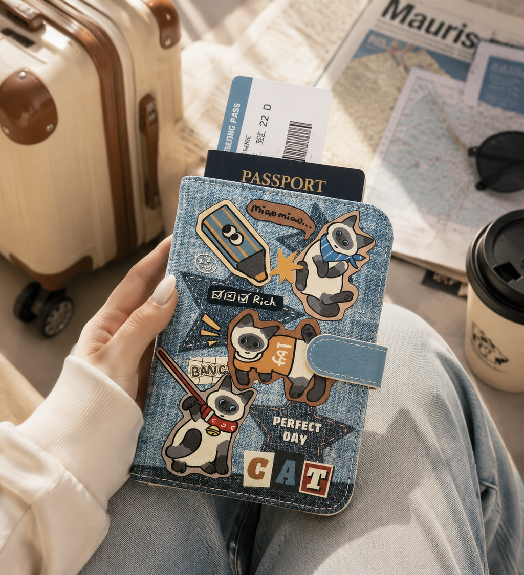 Cute Cat Zipper Wallet, Denim Print PU Leather Card Holder with Multiple Card Slots, Small Coin Purse & Daily Organizer