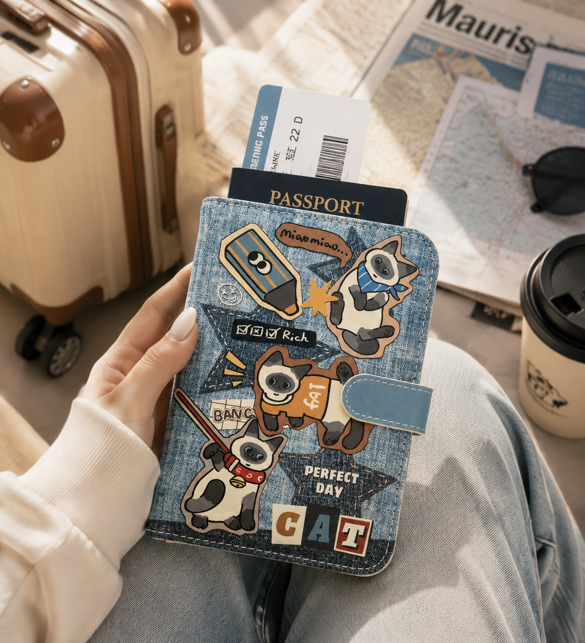 Cute Cat Zipper Wallet, Denim Print PU Leather Card Holder with Multiple Card Slots, Small Coin Purse & Daily Organizer