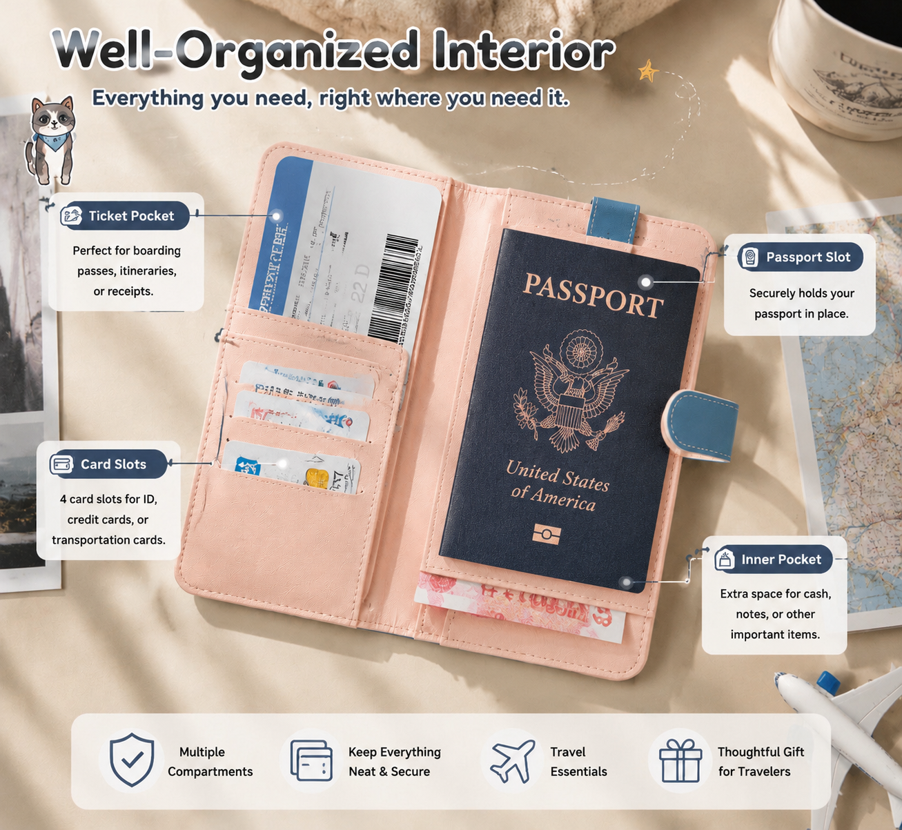 Cute Cat Zipper Wallet, Denim Print PU Leather Card Holder with Multiple Card Slots, Small Coin Purse & Daily Organizer