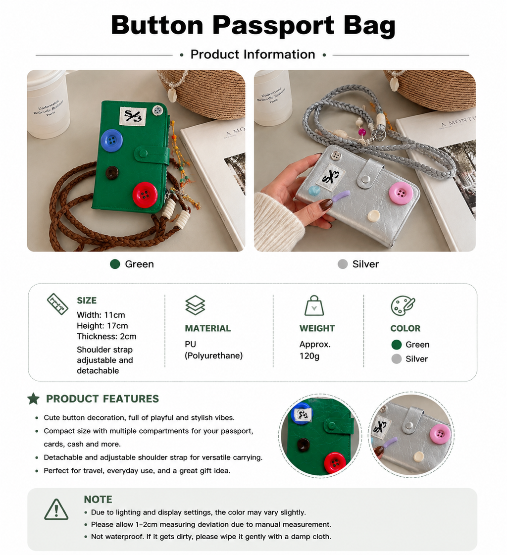 Button Passport Bag, Cute PU Leather Travel Wallet with Adjustable Strap, Passport Holder Crossbody Bag for Travel & Daily Use