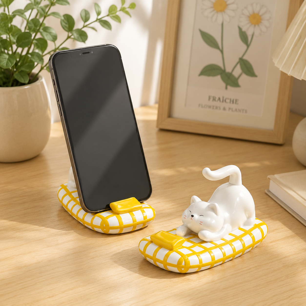 Cute Cat Phone Stand, Kawaii Ceramic Cat Phone Holder, Decorative Desk Phone Stand for Home Office & Bedroom