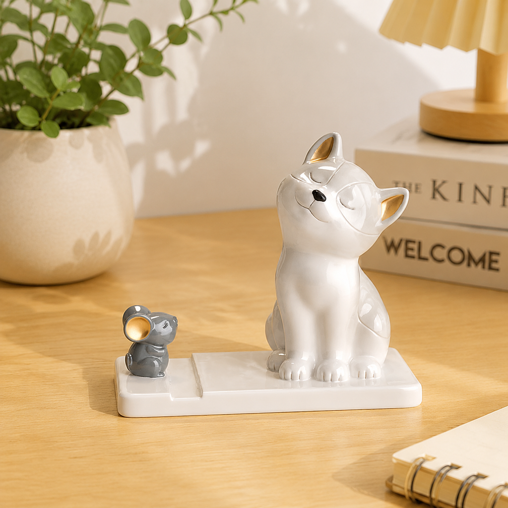 Cute Cat Phone Stand, Kawaii Ceramic Cat Phone Holder, Decorative Desk Phone Stand for Home Office & Bedroom