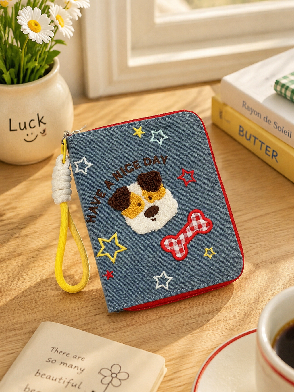 Cute Dog Passport Holder, Fabric Travel Wallet with Card Slots, Zipper Pocket & Wrist Strap, Kawaii Passport Organizer for Travel
