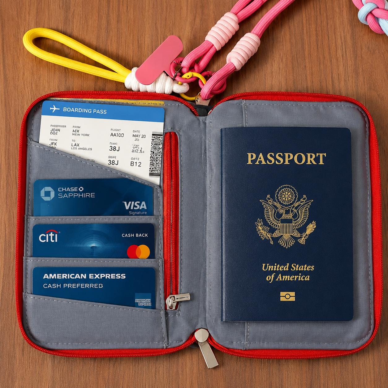 Cute Dog Passport Holder, Fabric Travel Wallet with Card Slots, Zipper Pocket & Wrist Strap, Kawaii Passport Organizer for Travel