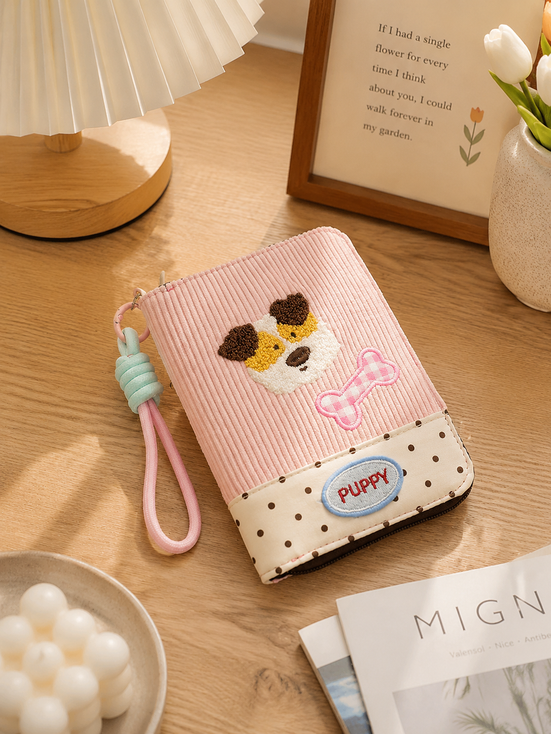 Cute Dog Passport Holder, Fabric Travel Wallet with Card Slots, Zipper Pocket & Wrist Strap, Kawaii Passport Organizer for Travel