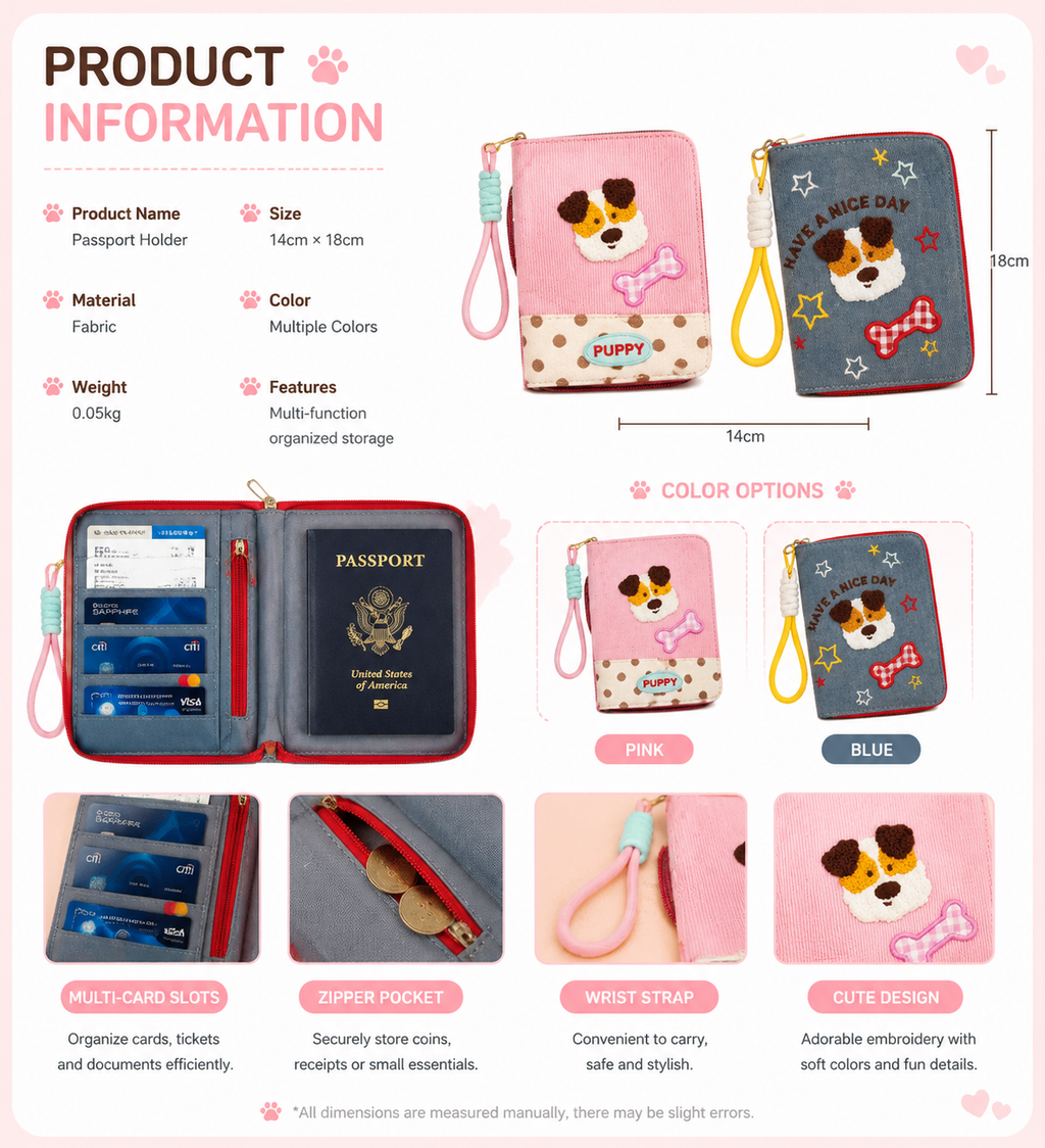 Cute Dog Passport Holder, Fabric Travel Wallet with Card Slots, Zipper Pocket & Wrist Strap, Kawaii Passport Organizer for Travel