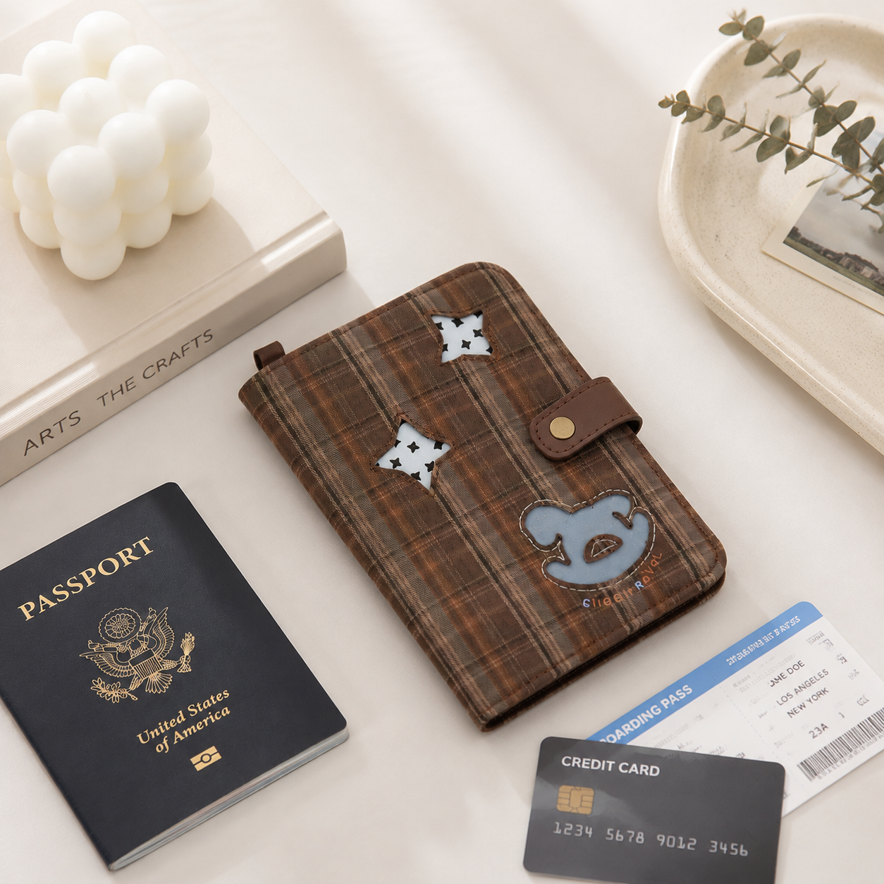 Cute Cat Passport Holder, Fabric Travel Wallet with Card Slots, ID Window, Wrist Strap & Passport Organizer for Travel