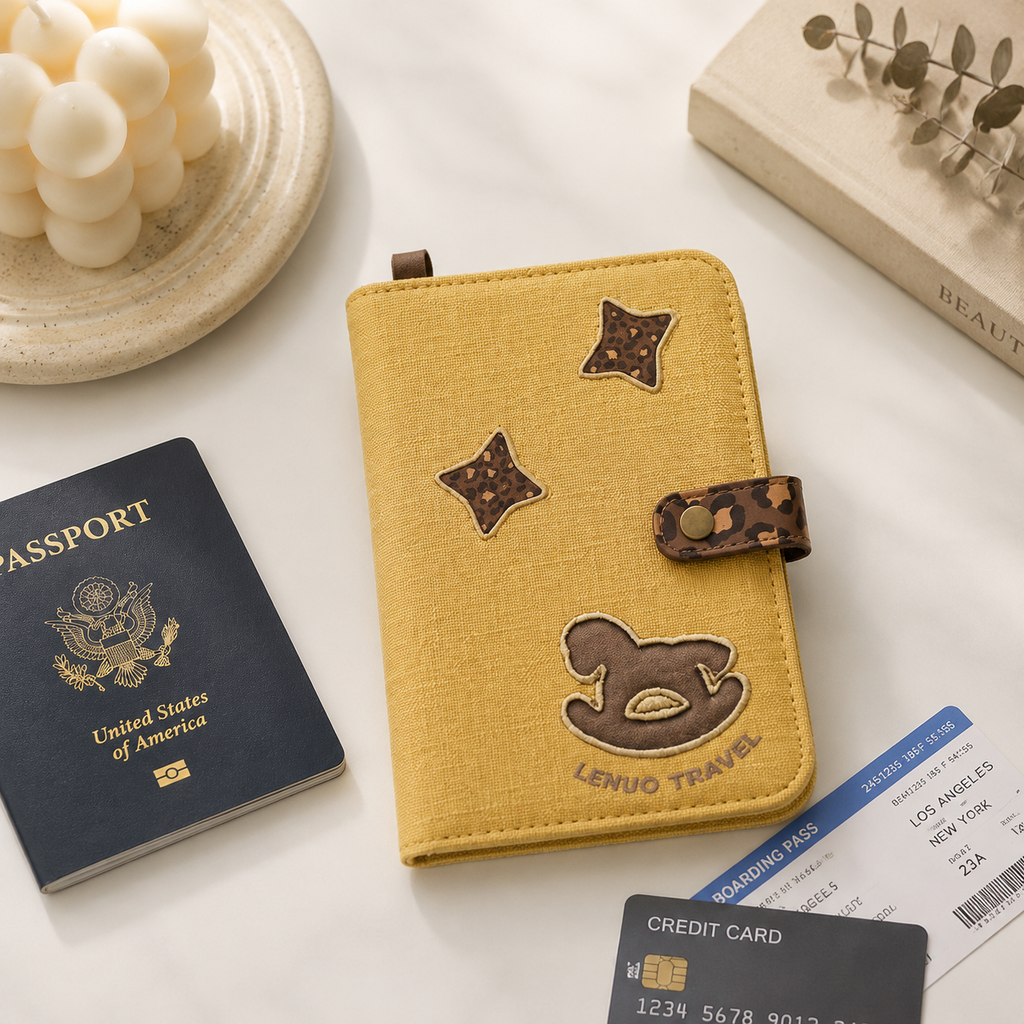 Cute Cat Passport Holder, Fabric Travel Wallet with Card Slots, ID Window, Wrist Strap & Passport Organizer for Travel